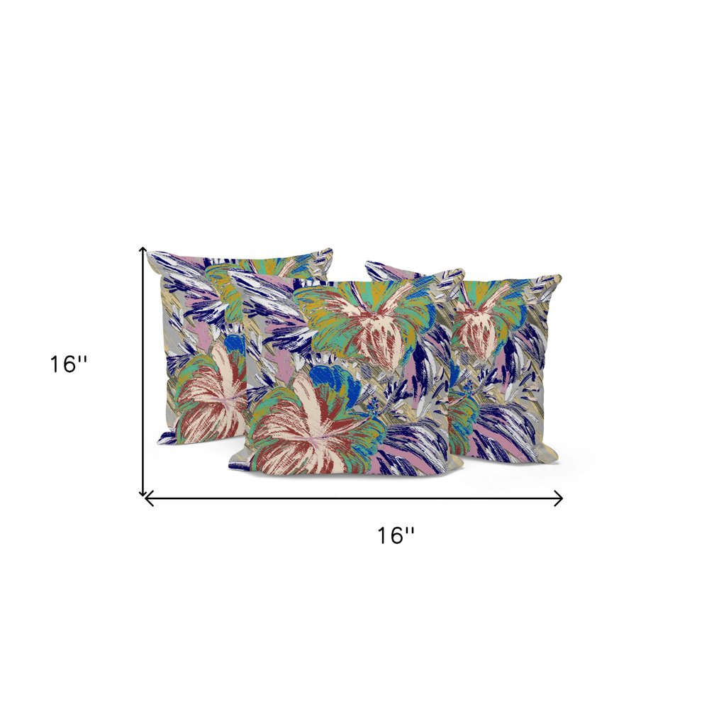 Set of Three 16" X 16" Green and White Blown Seam Floral Indoor Outdoor Throw Pillow