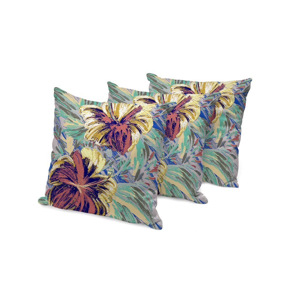 Set of Three 16" X 16" Green and Yellow Blown Seam Floral Indoor Outdoor Throw Pillow