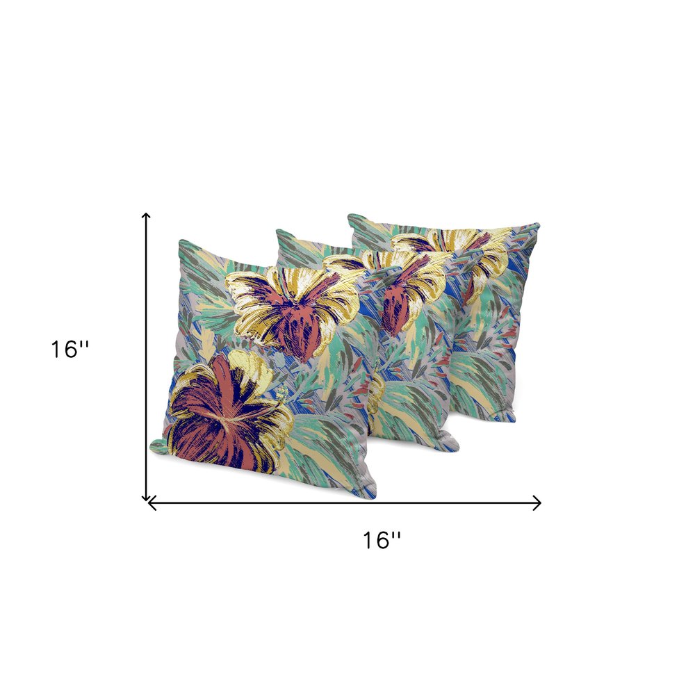 Set of Three 16" X 16" Green and Yellow Blown Seam Floral Indoor Outdoor Throw Pillow