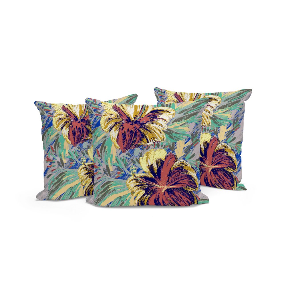 Set of Three 16" X 16" Green and Yellow Blown Seam Floral Indoor Outdoor Throw Pillow