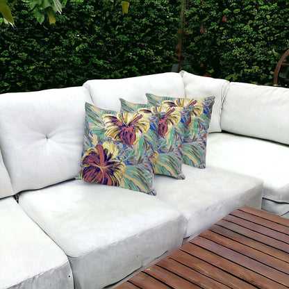 Set of Three 16" X 16" Green and Yellow Blown Seam Floral Indoor Outdoor Throw Pillow