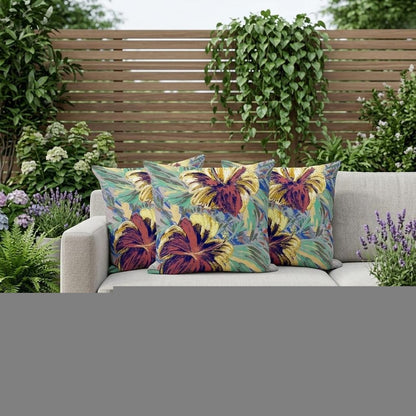 Set of Three 16" X 16" Green and Yellow Blown Seam Floral Indoor Outdoor Throw Pillow