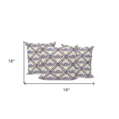 Set of Three 16" X 16" Blue and Brown Peacock Blown Seam Floral Indoor Outdoor Throw Pillow