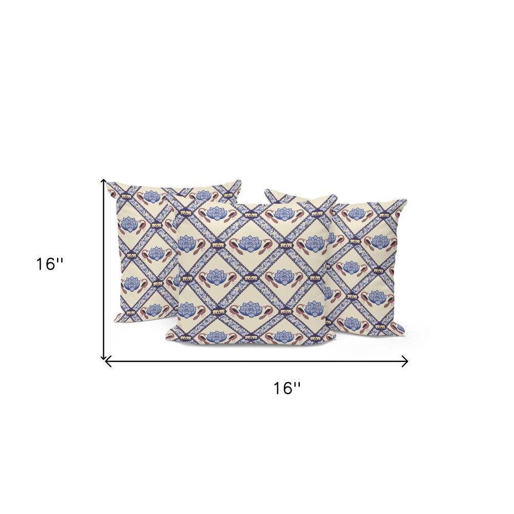 Set of Three 16" X 16" Blue and Brown Peacock Blown Seam Floral Indoor Outdoor Throw Pillow