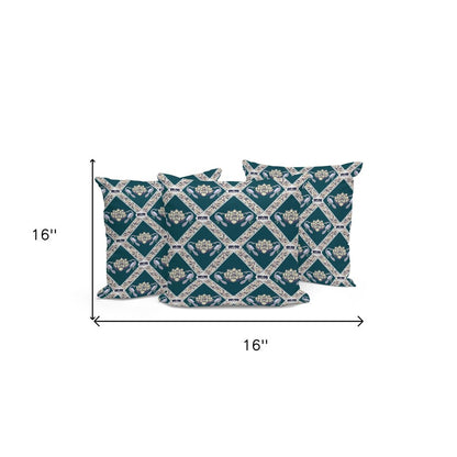 Set of Three 16" X 16" Green and Yellow Peacock Blown Seam Floral Indoor Outdoor Throw Pillow