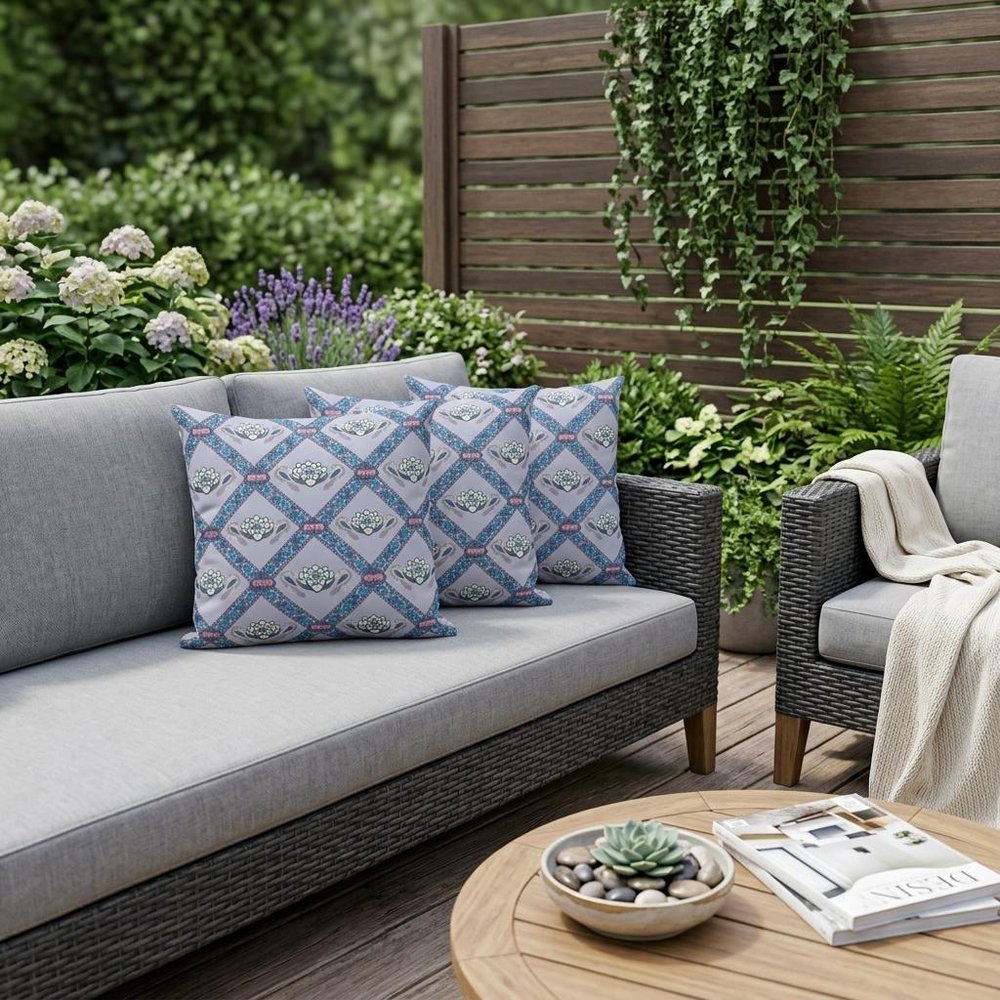 Set of Three 16" X 16" Blue and Gray Peacock Blown Seam Floral Indoor Outdoor Throw Pillow