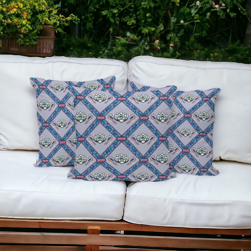 Set of Three 16" X 16" Blue and Gray Peacock Blown Seam Floral Indoor Outdoor Throw Pillow