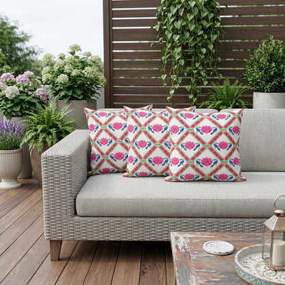 Set of Three 16" X 16" Pink and White Peacock Blown Seam Floral Indoor Outdoor Throw Pillow