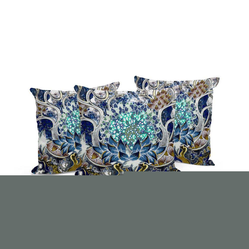 Set of Three 16" X 16" Blue and Green Blown Seam Floral Indoor Outdoor Throw Pillow
