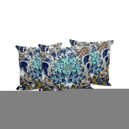 Set of Three 16" X 16" Blue and Green Blown Seam Floral Indoor Outdoor Throw Pillow