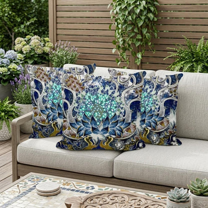 Set of Three 16" X 16" Blue and Green Blown Seam Floral Indoor Outdoor Throw Pillow