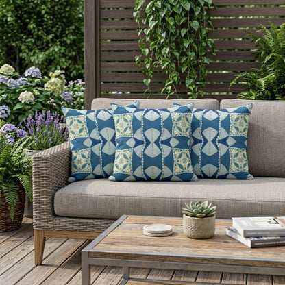 Set of Three 16" X 16" Blue and Green Blown Seam Eclectic Indoor Outdoor Throw Pillow