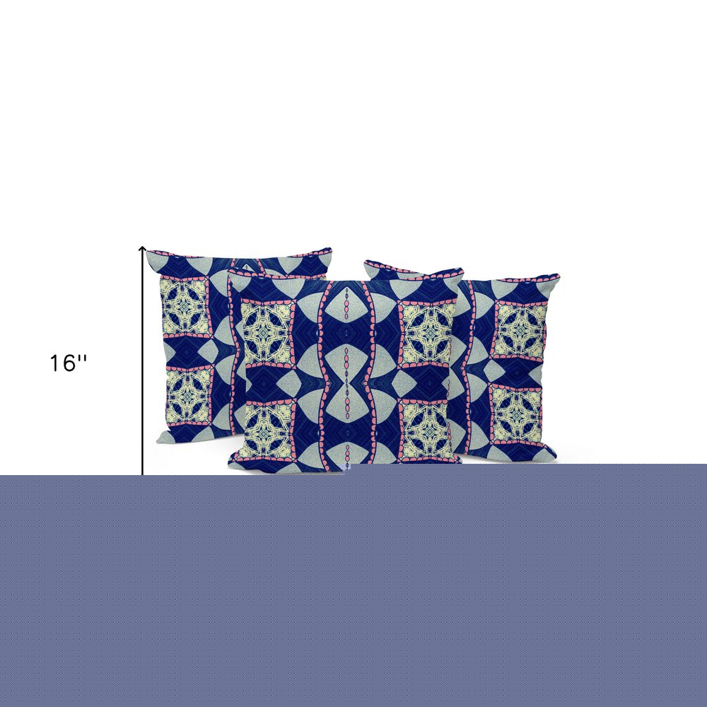 Set of Three 16" X 16" Blue and Pink Blown Seam Eclectic Indoor Outdoor Throw Pillow