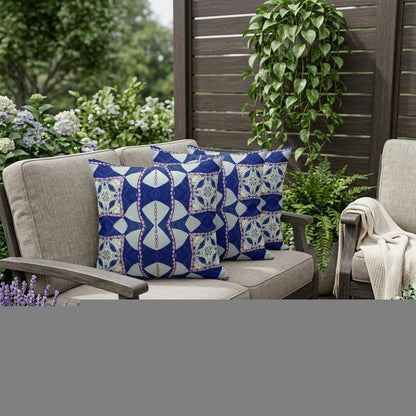 Set of Three 16" X 16" Blue and Pink Blown Seam Eclectic Indoor Outdoor Throw Pillow