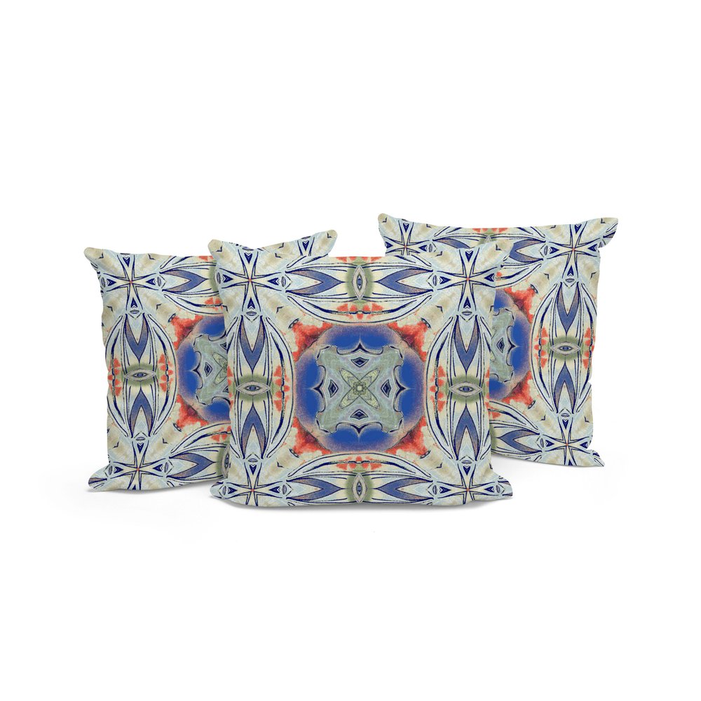 Set of Three 16" X 16" Blue and Pink Blown Seam Floral Indoor Outdoor Throw Pillow