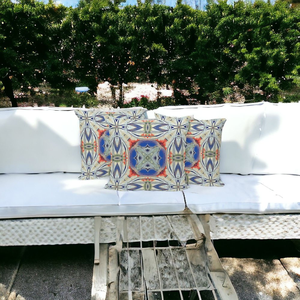 Set of Three 16" X 16" Blue and Pink Blown Seam Floral Indoor Outdoor Throw Pillow