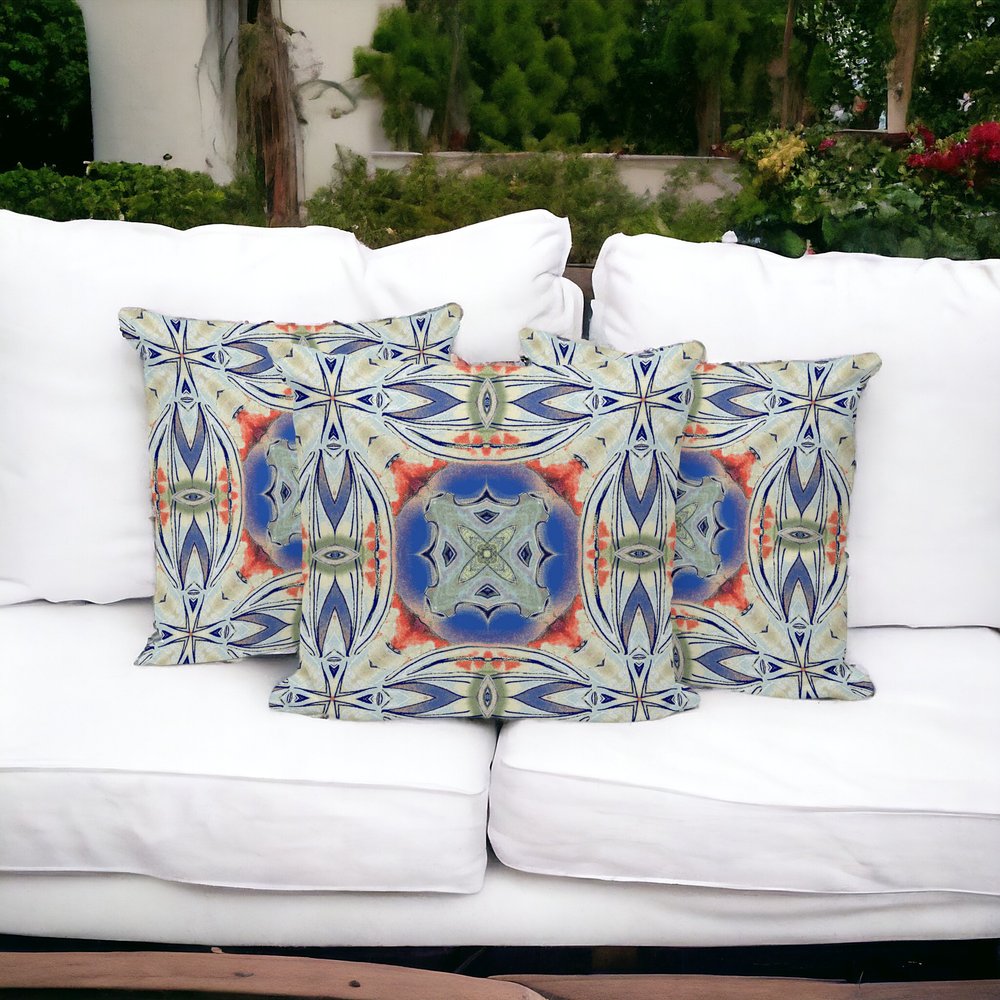 Set of Three 16" X 16" Blue and Pink Blown Seam Floral Indoor Outdoor Throw Pillow