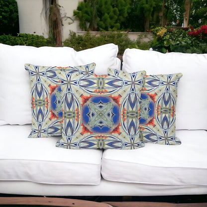 Set of Three 16" X 16" Blue and Pink Blown Seam Floral Indoor Outdoor Throw Pillow