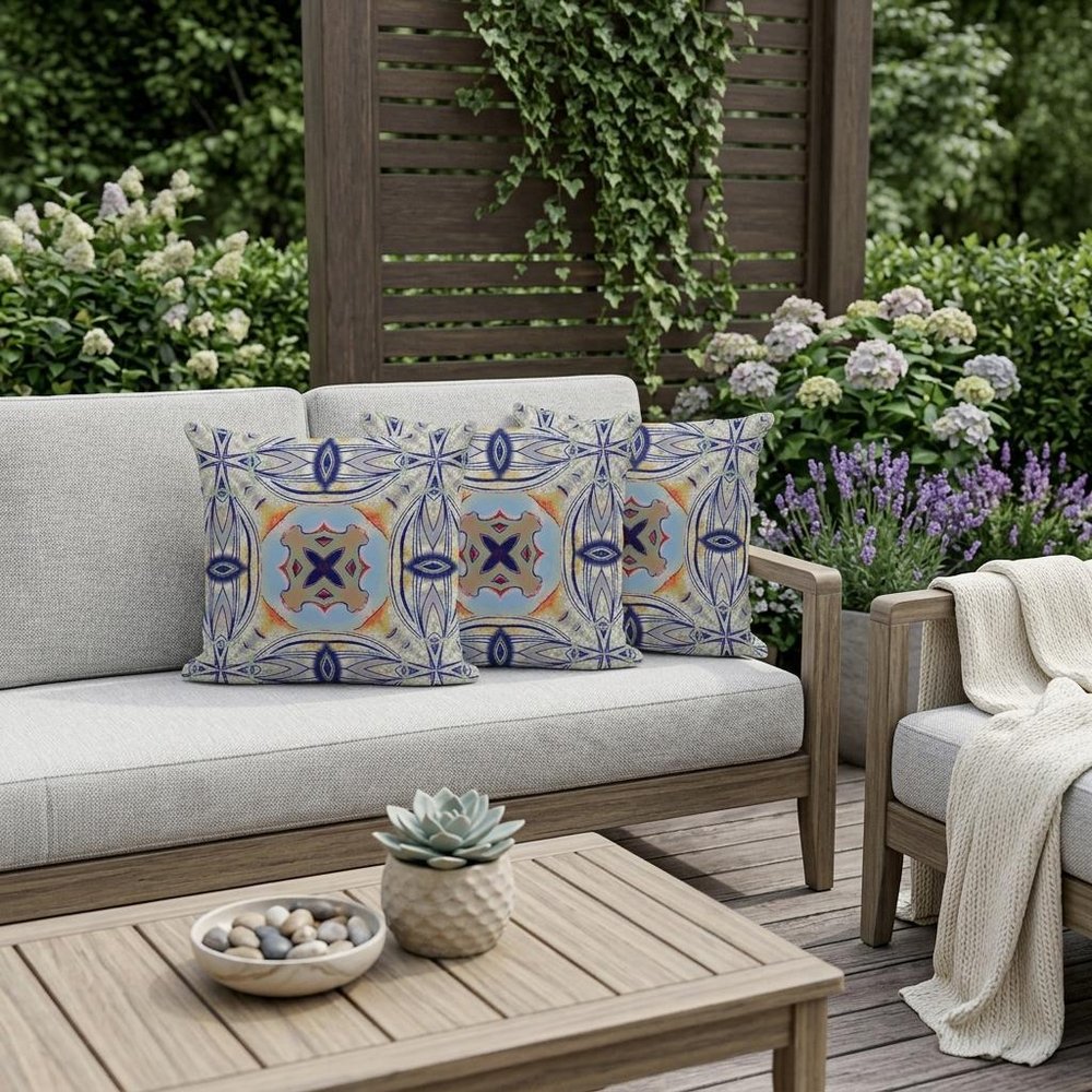 Set of Three 16" X 16" Blue and Green Blown Seam Floral Indoor Outdoor Throw Pillow