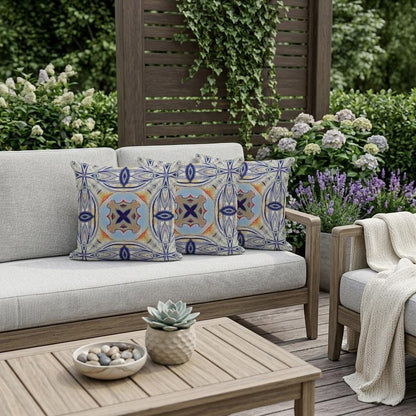 Set of Three 16" X 16" Blue and Green Blown Seam Floral Indoor Outdoor Throw Pillow