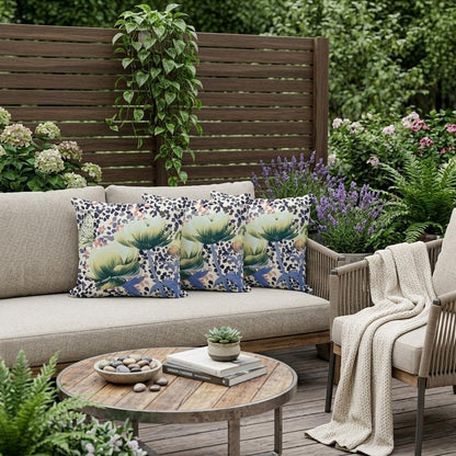 Set of Three 16" X 16" Blue and Green Butterfly Blown Seam Floral Indoor Outdoor Throw Pillow