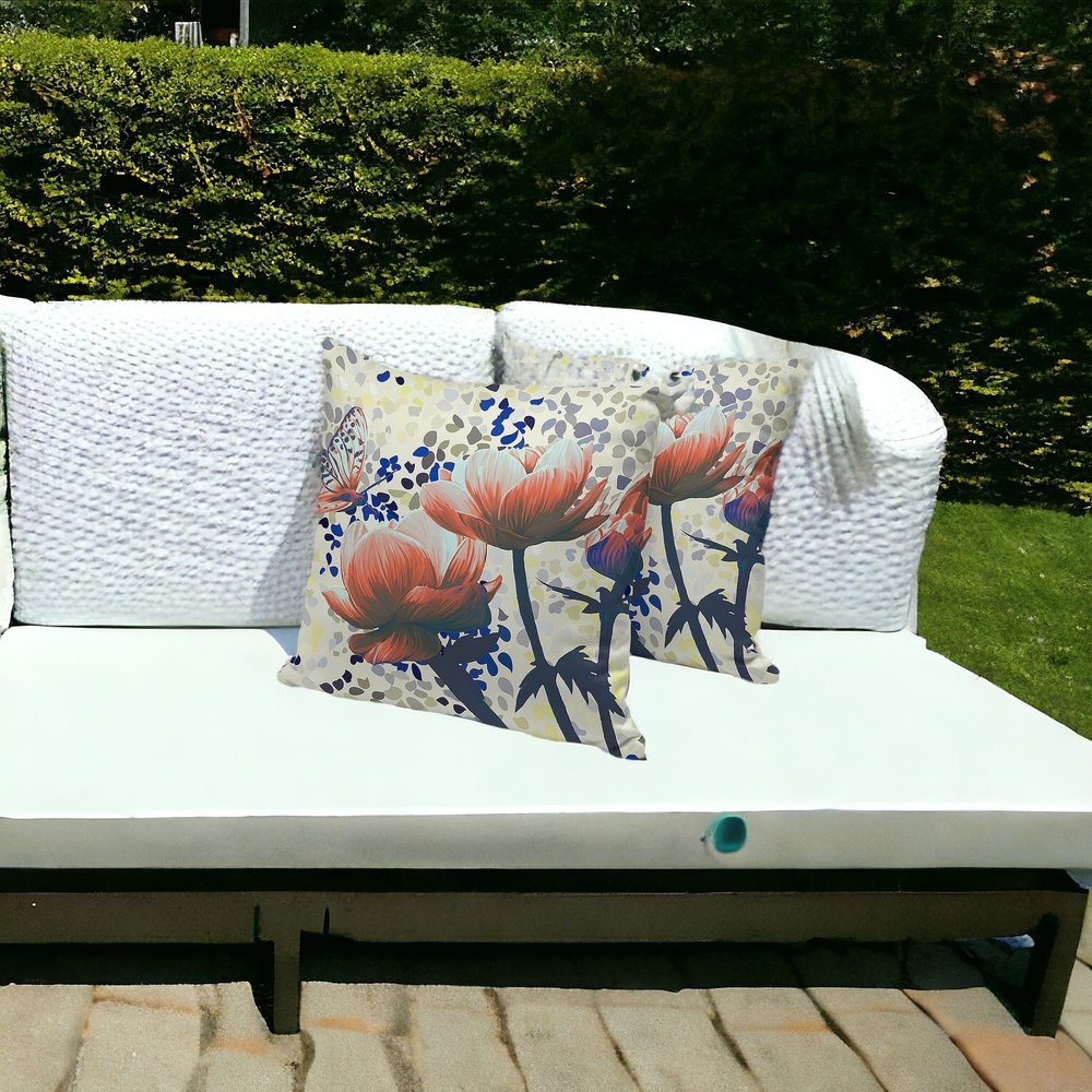 Set of Three 16" X 16" Green and Yellow Butterfly Blown Seam Floral Indoor Outdoor Throw Pillow