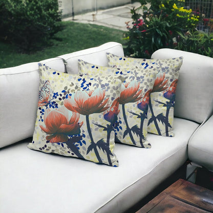Set of Three 16" X 16" Green and Yellow Butterfly Blown Seam Floral Indoor Outdoor Throw Pillow