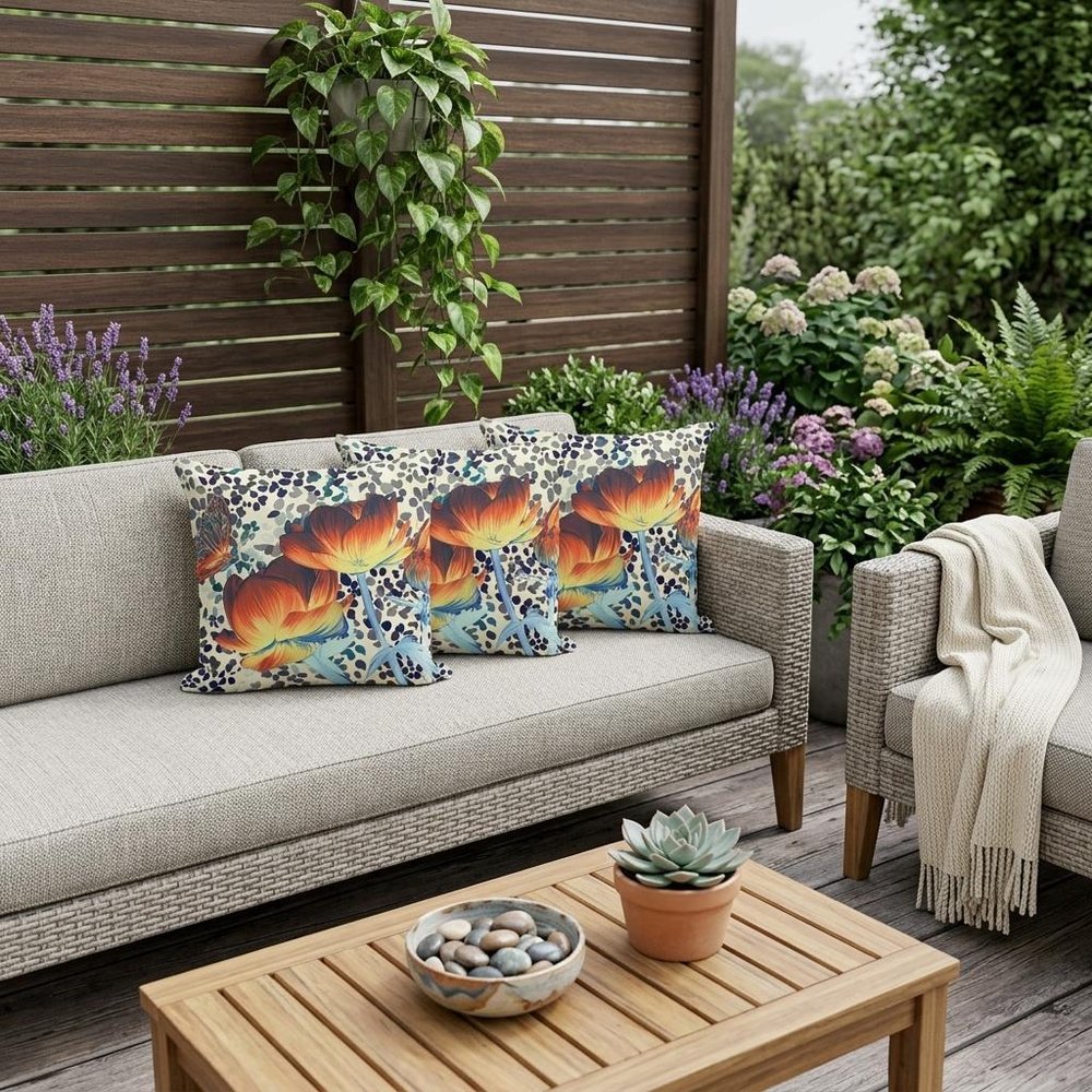 Set of Three 16" X 16" Blue and Orange Butterfly Blown Seam Floral Indoor Outdoor Throw Pillow