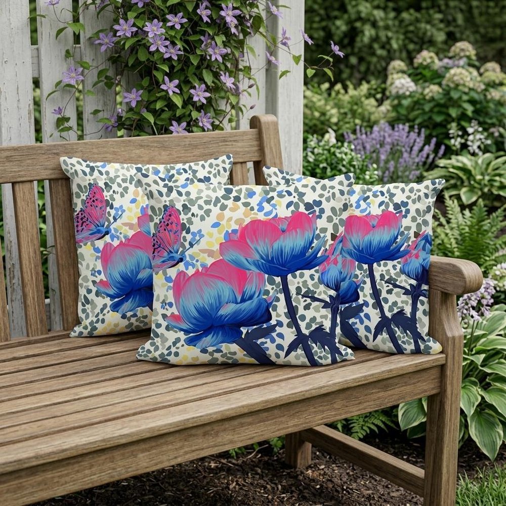 Set of Three 16" X 16" Blue and Pink Butterfly Blown Seam Floral Indoor Outdoor Throw Pillow