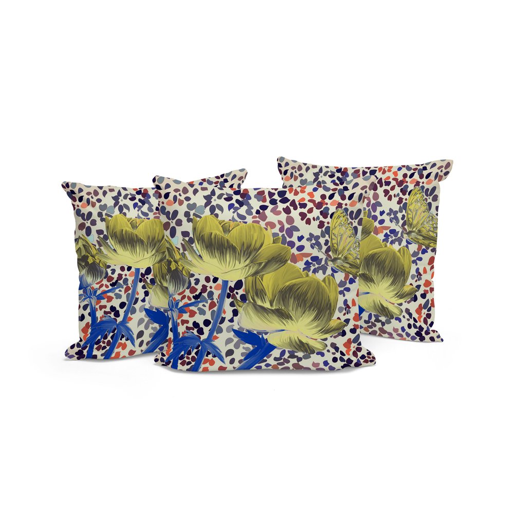 Set of Three 16" X 16" Blue and Yellow Butterfly Blown Seam Floral Indoor Outdoor Throw Pillow
