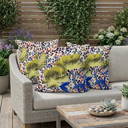 Set of Three 16" X 16" Blue and Yellow Butterfly Blown Seam Floral Indoor Outdoor Throw Pillow