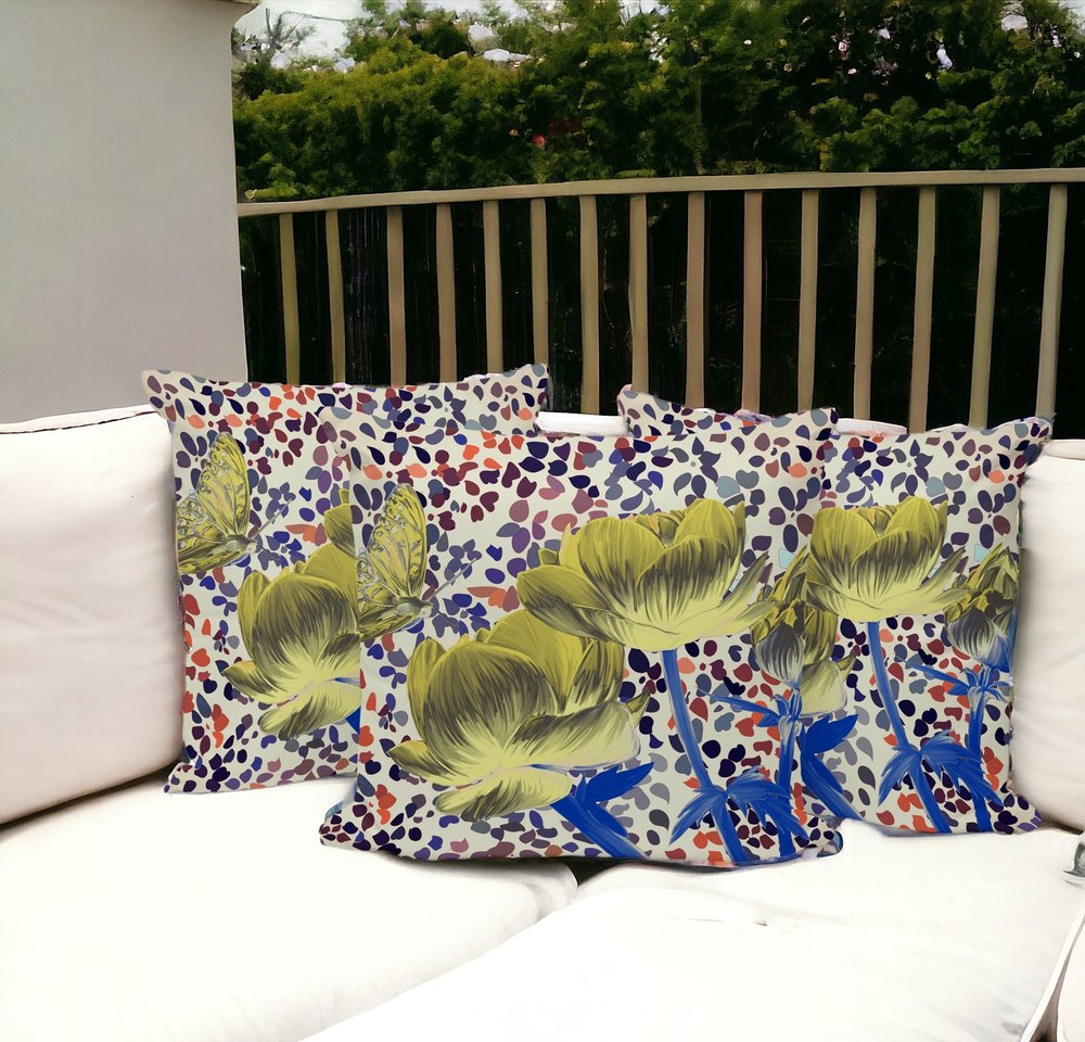 Set of Three 16" X 16" Blue and Yellow Butterfly Blown Seam Floral Indoor Outdoor Throw Pillow