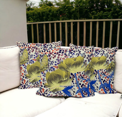 Set of Three 16" X 16" Blue and Yellow Butterfly Blown Seam Floral Indoor Outdoor Throw Pillow