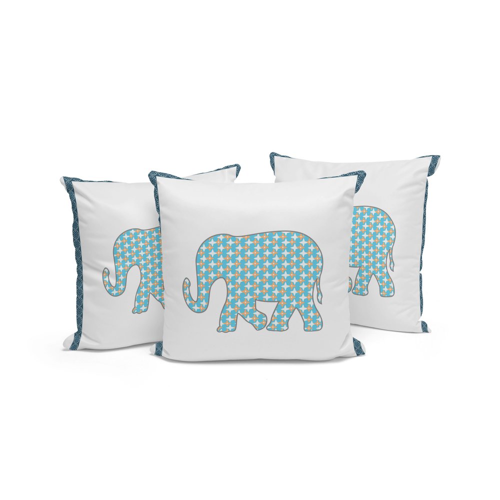 Set of Three 16" X 16" Blue and White Elephant Blown Seam Animal Print Indoor Outdoor Throw Pillow