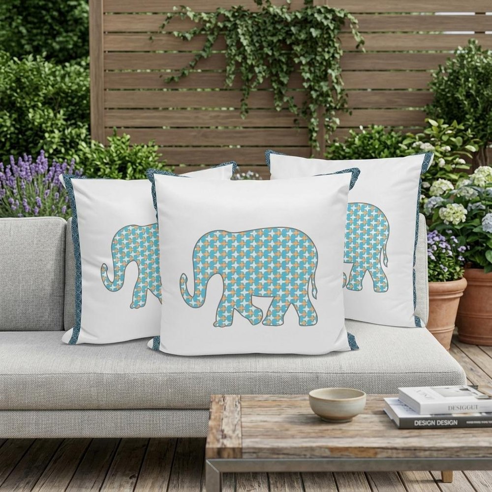 Set of Three 16" X 16" Blue and White Elephant Blown Seam Animal Print Indoor Outdoor Throw Pillow
