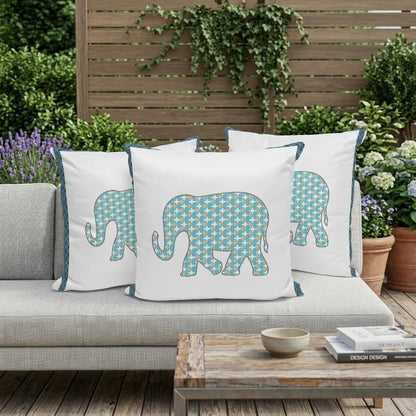Set of Three 16" X 16" Blue and White Elephant Blown Seam Animal Print Indoor Outdoor Throw Pillow