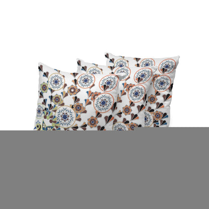 Set of Three 16" X 16" Blue and Off White Peacock Blown Seam Floral Indoor Outdoor Throw Pillow