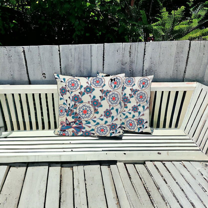 Set of Three 16" X 16" Black and Off White Peacock Blown Seam Floral Indoor Outdoor Throw Pillow