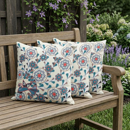 Set of Three 16" X 16" Black and Off White Peacock Blown Seam Floral Indoor Outdoor Throw Pillow