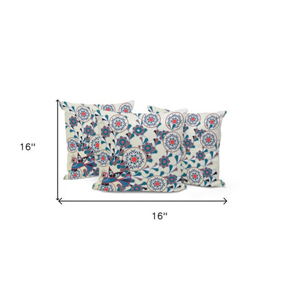 Set of Three 16" X 16" Black and Off White Peacock Blown Seam Floral Indoor Outdoor Throw Pillow
