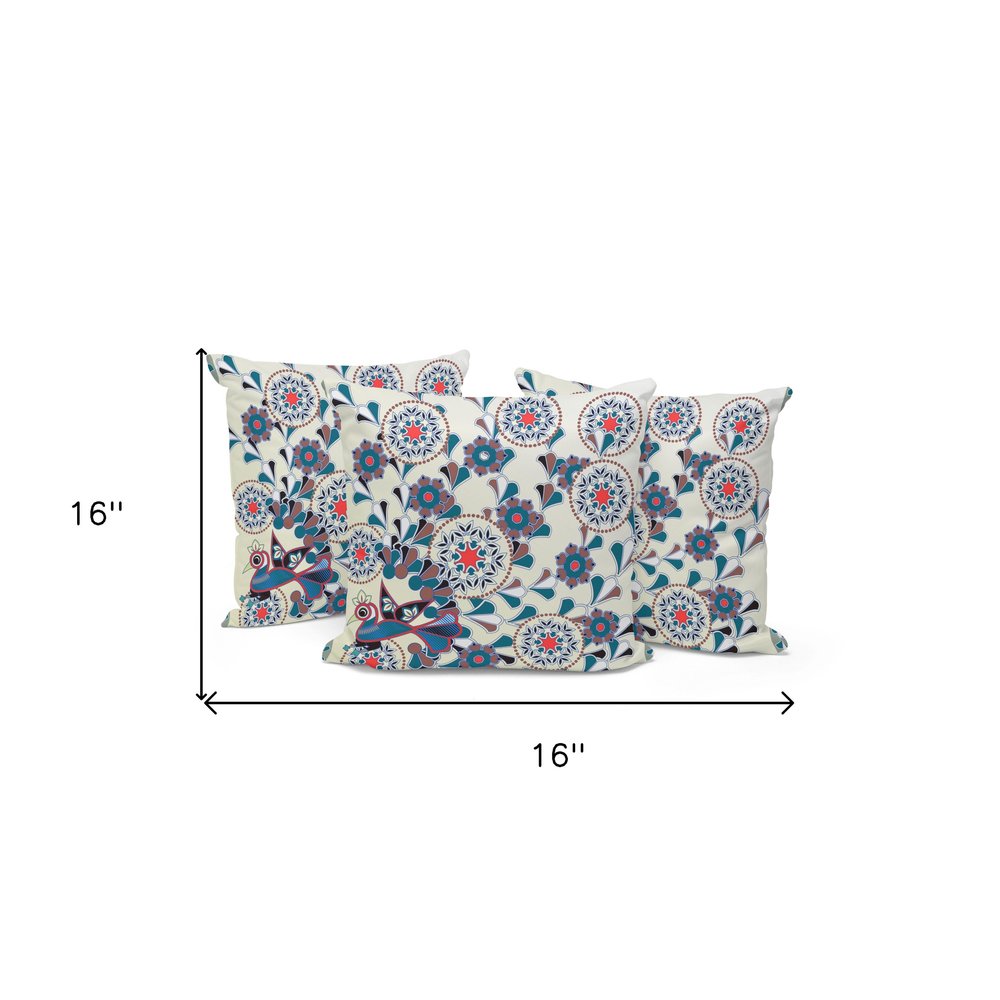 Set of Three 16" X 16" Black and Off White Peacock Blown Seam Floral Indoor Outdoor Throw Pillow
