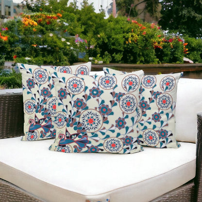 Set of Three 16" X 16" Black and Off White Peacock Blown Seam Floral Indoor Outdoor Throw Pillow