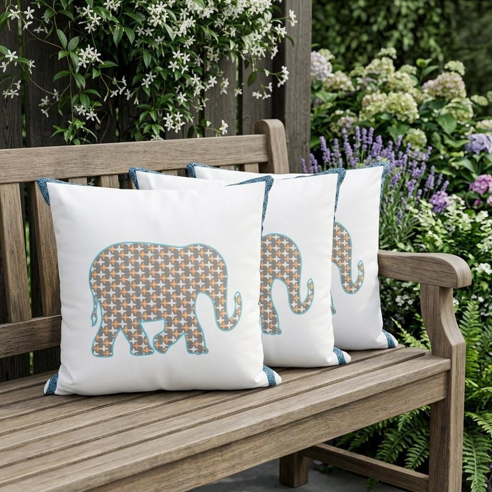 Set of Three 16" X 16" Gold and White Elephant Blown Seam Animal Print Indoor Outdoor Throw Pillow