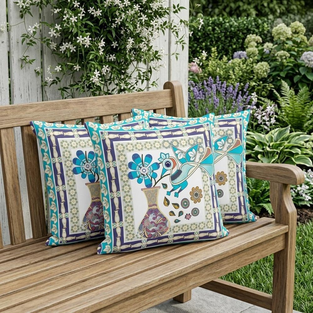 Set of Three 16" X 16" Blue and Purple Peacock Blown Seam Floral Indoor Outdoor Throw Pillow