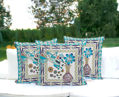 Set of Three 16" X 16" Blue and Purple Peacock Blown Seam Floral Indoor Outdoor Throw Pillow