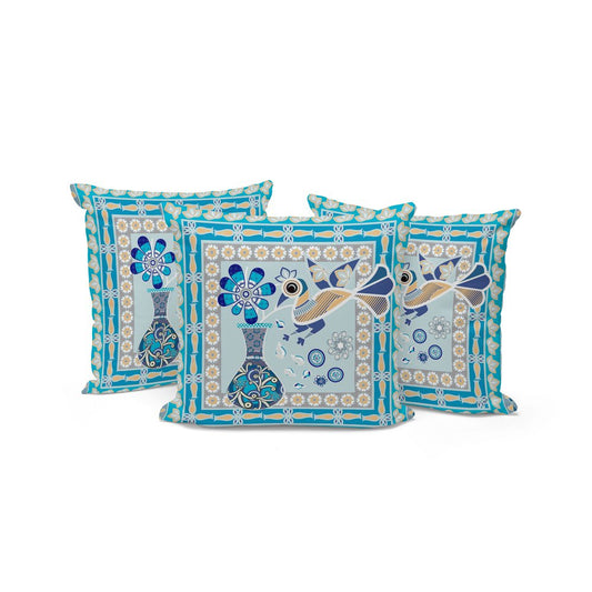 Set of Three 16" X 16" Blue and Gold Peacock Blown Seam Floral Indoor Outdoor Throw Pillow