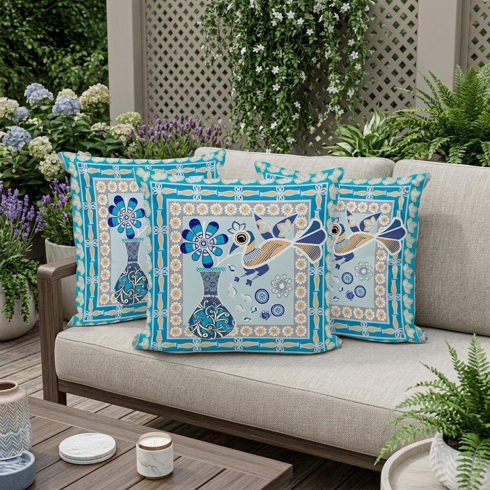 Set of Three 16" X 16" Blue and Gold Peacock Blown Seam Floral Indoor Outdoor Throw Pillow