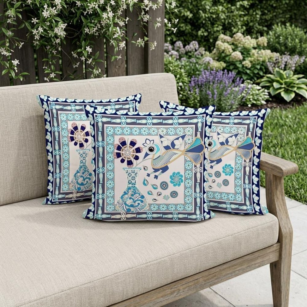 Set of Three 16" X 16" Beige and Black Peacock Blown Seam Floral Indoor Outdoor Throw Pillow