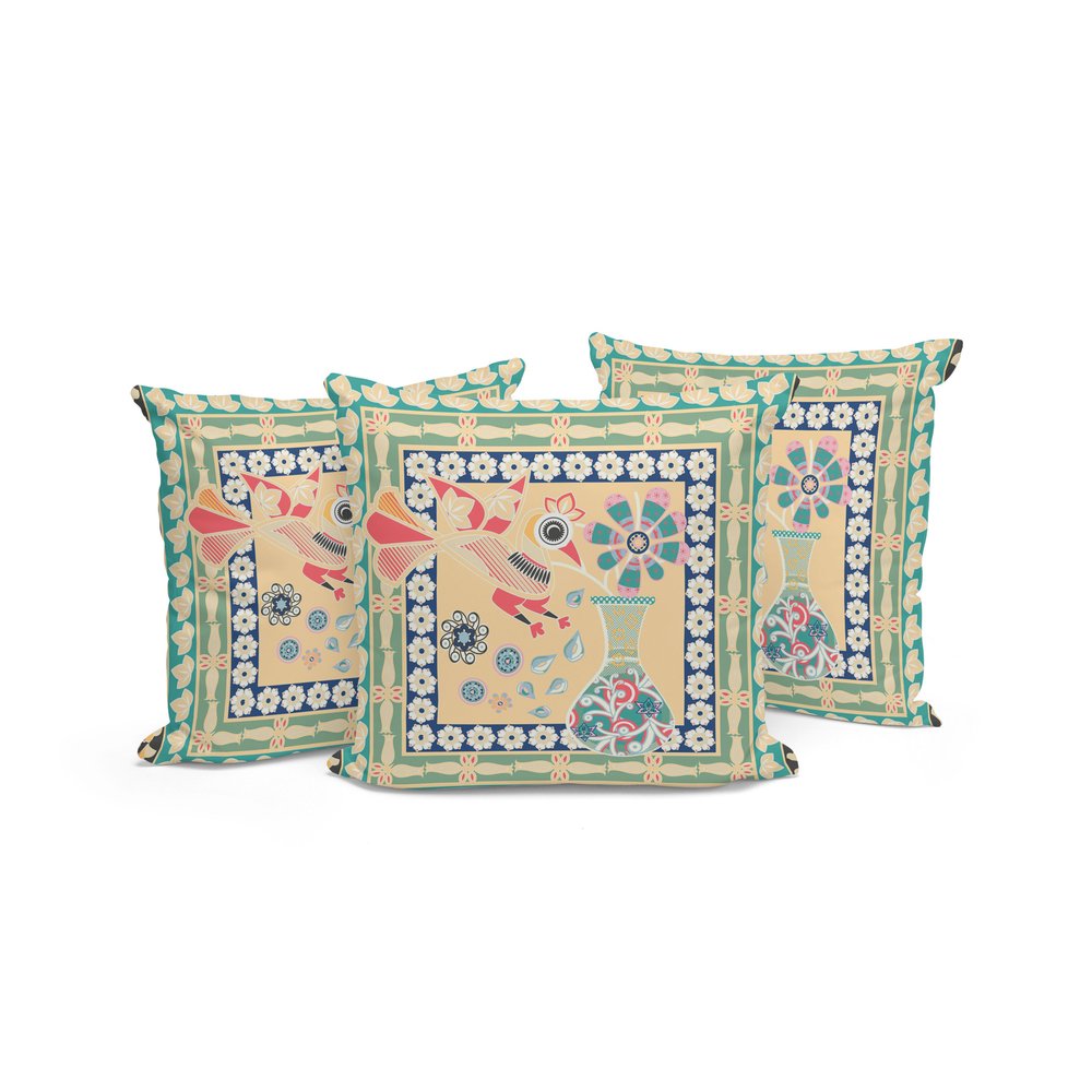 Set of Three 16" X 16" Green and Pink Peacock Blown Seam Floral Indoor Outdoor Throw Pillow