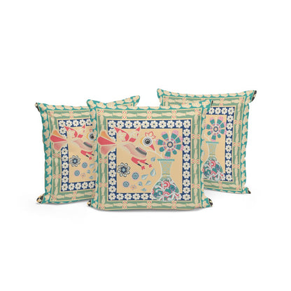 Set of Three 16" X 16" Green and Pink Peacock Blown Seam Floral Indoor Outdoor Throw Pillow